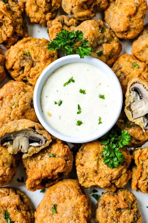 Deep-Fried Mushrooms Deep Fried Mushrooms, Crab Salad Sandwich, Fried Mushroom Recipes, Fried Pastry, Breaded Mushrooms, Pork Tenderloin Sandwich, Grilled Asparagus Recipes, Deep Fried Appetizers, Fair Foods