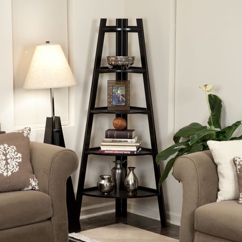 Danya B 63" Corner Unit Bookcase Corner Ladder Shelf, Corner Shelf Ideas, Display Bookshelf, Ladder Display, Ruang Tv, Corner Decoration, Wall Corner, Ladder Bookshelf, Corner Bookshelves