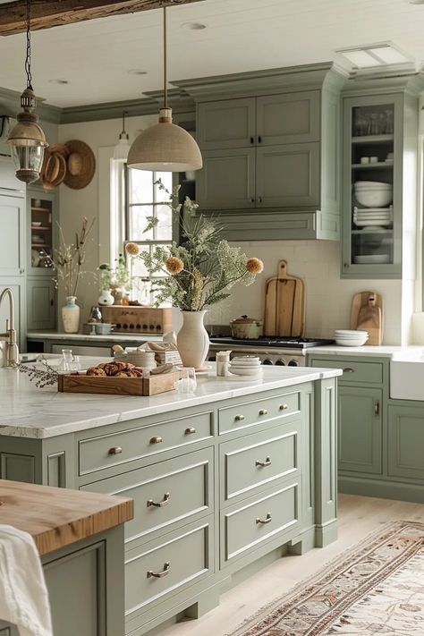 50+ Serene Kitchens with Sage Green Cabinets Light Kitchen Inspiration, New Vintage Kitchen, Beautiful House Ideas, Serene Interior Design, Cottage Kitchen Green, Room With Color, Sage Green Country Kitchen, Cottage Kitchen Colors, Cottage Kitchen Color Schemes