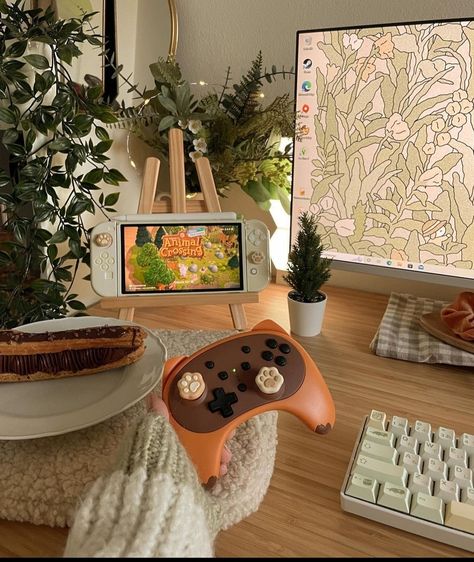 Nintendo Switch Room, Pc Games Setup, Nintendo Switch Animal Crossing, Best Gaming Setup, Cozy Desk, Setup Gaming, Custom Consoles, Gamer Room Decor, Desktop Setup