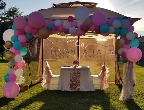 Balloon Garland On Pop Up Tent, Birthday Gazebo Party Ideas, Gender Reveal Tent Decor, Gazebo Birthday Decorations, Balloons On Tent, Gazebo Balloon Decorations, Gazebo Birthday Decorating Ideas, Pop Up Tent Decorations, Pop Up Tent Decorating Ideas