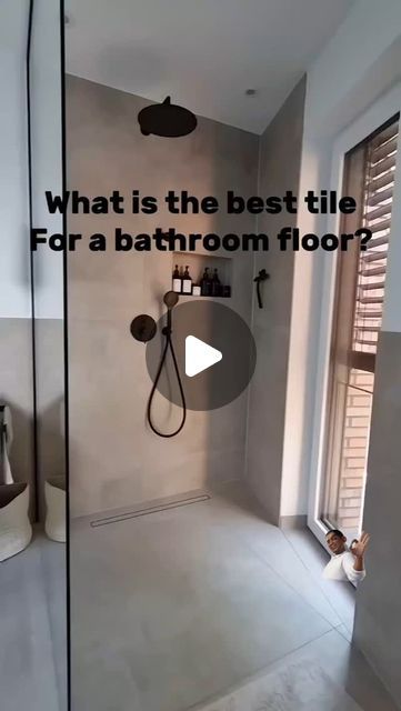 Interior Design Company in Lagos on Instagram Low Maintenance Bathroom Ideas, Medium Bathroom Design, White Tile Walk In Shower Ideas, Masterbath Flooring, Master Bath Ideas 2024, Oak Floor Bathroom, Matte Tile Bathroom, Grey Floor Bathroom, Dark Floor Bathroom