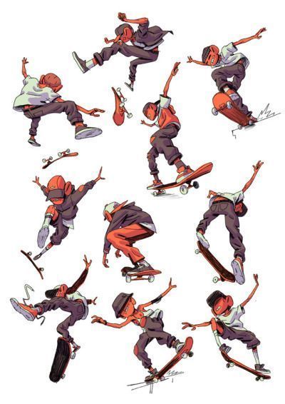 Skateboard Poses Reference Drawing, Skateboard Poses Drawing, Action Pose Sketch, Feral Poses Reference, Skateboard Poses, Skater Poses, Infinity Drawings, Skater Art, Action Pose Reference