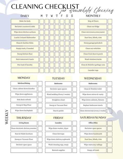 Get your home clean and organized with this easy-to-use cleaning checklist and schedule template! This printable planner includes everything you need to keep your home clean and tidy, from daily tasks to weekly deep cleans. It's perfect for people with ADHD or anyone who struggles to stay on top of their cleaning.

Download your copy today and start your journey to a clean and organized Printable Daily Cleaning Schedule, Adult Cleaning Schedule, House Cleaning Template, Weekly Cleaning Schedule Template, Cleaning Template Printable, Weekly Cleaning Schedule Printable Editable Free, Daily Cleaning Schedule Printable Free, Spring Cleaning Checklist Printable Free, Cleaning Schedule For Working Women