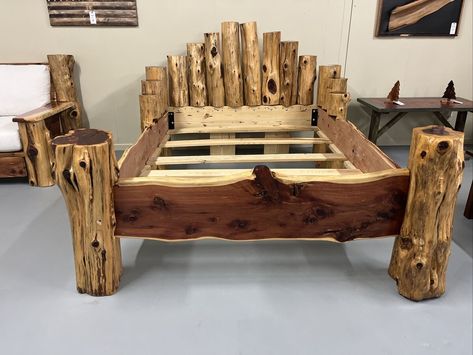 Cedar Log Queen Bed with Live Edge Frame | eBay Live Edge Ideas, Poplar Furniture, Log Headboard, Outside Bed, Live Edge Headboard, Cedar Wood Projects, Primitive Decorations, Rustic Bed Frame, Wood Working Ideas