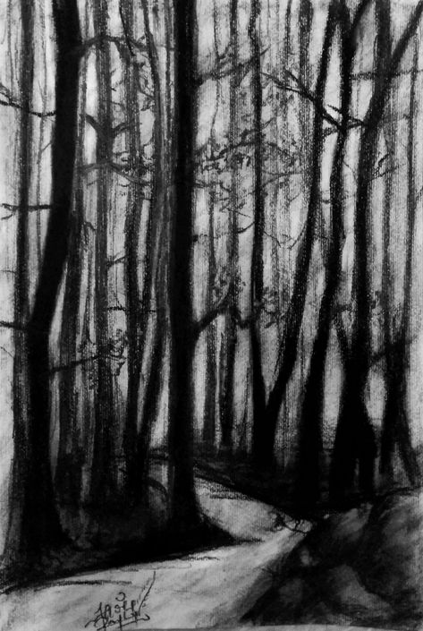 Scary Woods Drawing, Scary Charcoal Art, Creepy Trees Drawing, Dark Woods Drawing, Drawings Of Forest, Creepy Landscape Drawing, Charcoal Forest Drawing, Scary Trees Drawing, Dark Forest Sketch