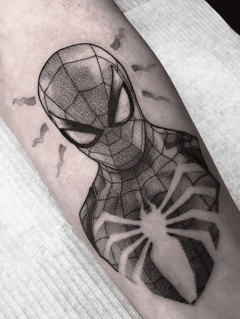 Spider Man Tattoos, Spiderman Tattoo Design, Deadpool Tattoo, Stippling Tattoo, Father Son Tattoo, Spiderman Tattoo, Man Tattoo, Spiderman Theme, Marvel Tattoos