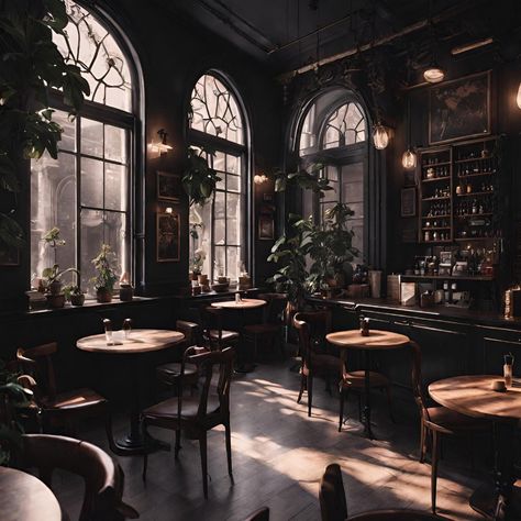 Coffee And Wine Bar Design, Inside Cafe Aesthetic, Gothic Coffee Shop Aesthetic, Dark Academia Coffee Shop Aesthetic, Dark Academia Cafeteria, Dark Cafe Design, Gothic Cafe Interior, Dark Moody Coffee Shop, Gothic Bakery Interior