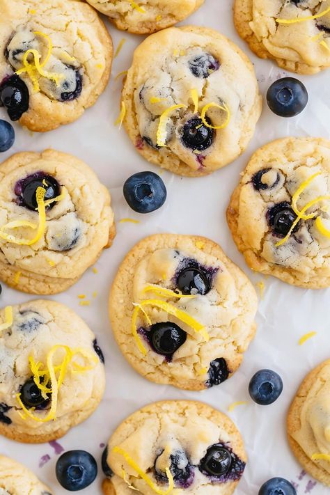 These soft and chewy lemon blueberry cookies are bursting with fresh lemon flavor and juicy blueberries in every bite. Enjoy the bright taste of summer any time of year! Keto Lemon Blueberry Cookies, Lemon And Blueberry Cookies, Blueberry Lemon Cookies, Easy Blueberry Desserts, Lemon Blueberry Cookies, Blueberry Cookies, Skillet Cookie, Tea Party Food, Lemon Flavor