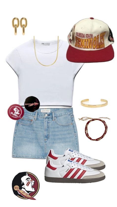 fsu gameday outfit inspo Denim Skirt Outfit Football Game, Fsu Gameday Outfit Fall, Utsa Game Day Outfit, Boise State Game Day Outfit, Fsu Football Game Outfit, Wag Outfits Football, Outfits To Wear To A Soccer Game, Ucf Gameday Outfit, Winter Gameday Outfit College