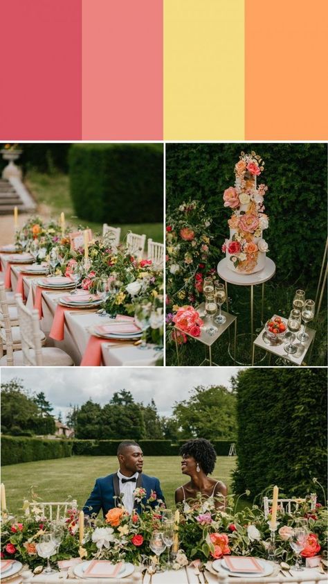 Desire Pink, Embarrassment Pink, Spring Yellow, and Bittersweet Orange Wedding Color Palette | Images by Shelby Ellis Photography Yellow Orange Pink Wedding Palette, Bright And Bold Color Palette Wedding, Pink Yellow Orange Wedding Colors, Wedding Colours 2023 Summer, Summer Party Color Scheme, Unique Wedding Color Schemes Summer, Sunset Color Palette Wedding, Bright Wedding Color Schemes, Pink Yellow Weddings