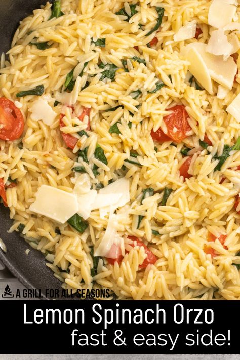 Lemon Orzo with spinach is one of the best ways to make a main meal. Since you can cook everything in one large skillet, it has a great flavor that makes it easy to clean afterward. Add this creamy lemon orzo to your must-make menu. Joanna Gaines Lemon Orzo Recipe, Tomato And Spinach Orzo, Lemon Basil Orzo With Chicken, Orzo With Asparagus Parmesan, Greek Lemon Orzo Rice, Lemon Spinach Orzo, Orzo Recipes Healthy, Creamy Spinach Parmesan Orzo, Creamy Lemon Orzo