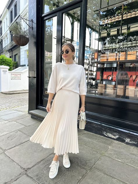 Lauren sneaker curated on LTK Fitted Midi Skirt Outfit, White Midi Skirt Outfit Summer, Creme Outfits, Midi Skirt Outfit Summer, Pleated Maxi Skirt Outfit, White Midi Skirt Outfit, Midi Skirt Outfits Summer, Pleated Midi Skirt Outfit, Beige Pleated Skirt