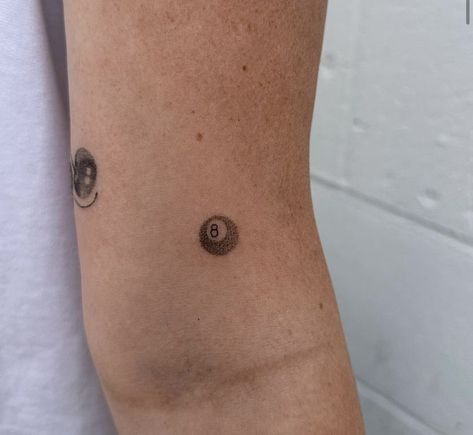 Tiny 8 Ball Tattoo, Eight Ball Tattoo, Childhood Tattoo Ideas, 8 Ball Tattoo, Childhood Teddy, Teddy Bear Tattoo, 27 Tattoo, Button Tattoo, Sunflower Tattoo Sleeve