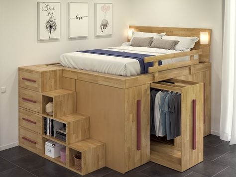 Download the catalogue and request prices of Spaziobed | bed By cinius, solid wood bed with sliding clothes hangers, spaziobed Collection Bedroom Corners, Cool Loft Beds, Small Closet Design, Diy Space Saving, Wardrobe Bed, Space Saving Beds, Design Bed, Space Bedding, Bed With Slide