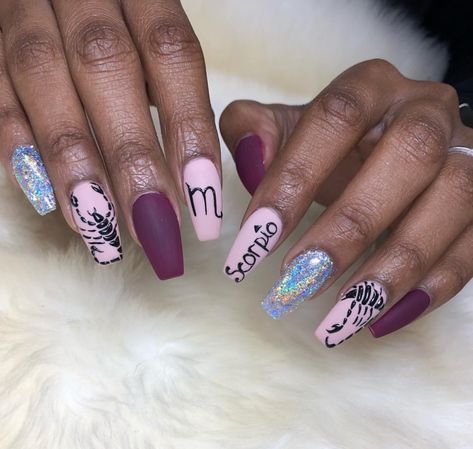 Scorpio Acrylic Nails Designs, Scorpio Inspired Nails, Cancerian Nails, Scorpio Nails Designs Short, Scorpio Nail Art, Bday Nails Acrylic, Scorpio Zodiac Nails, Birthday Nail Set Ideas Scorpio, Scorpion Nails