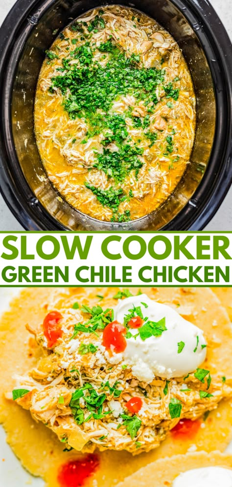 Slow Cooker Green Chile Chicken - Tender, juicy, chicken that's simmered with green chiles, jalapeno, salsa verde, onions, garlic, and spices for the most FLAVORFUL and versatile green chile chicken! Use it in tacos, burritos, casseroles, sandwiches, or as a meal prep recipe. Best of all, it's SO EASY because your slow cooker does ALL the work! Green Chili Chicken Casserole Crockpot, Slow Cooker Green Chicken Chili Casserole, Chilli Verde Chicken, Green Chili Chicken Skillet, Slow Cooker Green Chile Chicken Casserole, Slow Cooker Green Chicken Chili, Crockpot Chicken With Green Enchilada Sauce, Crockpot Chicken Enchiladas Green Sauce, Slow Cooker Green Chili Chicken Rice Casserole