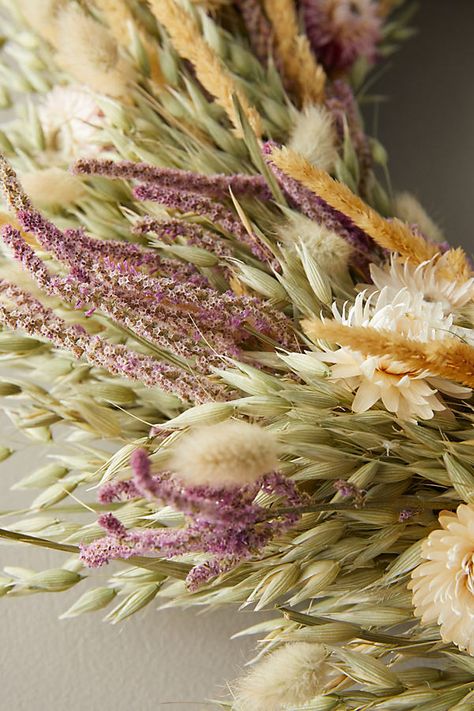 Stems of dried and preserved oats, grass, bunny tails, and strawflower make up this full, natural wreath. | Meadow + Bloom Wreath by Terrain, Size: 22" at Anthropologie Dried Floral Decor, Herb Wreath, Grass Wreath, Dried Wreath, Boho Wreath, Natural Wreath, Bunny Tails, Dried Floral, Autumn Wreaths