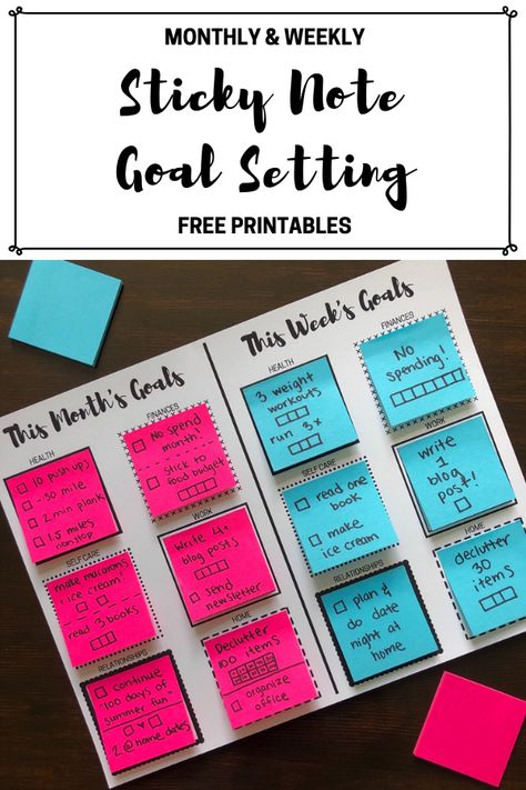 Free sticky note goal setting printables! Set yearly, monthly or weekly goals with these reusable printables! Each printable has different categories for goals including health, fitness, work, self care, relationship and home goals! #goalsetting #goalprintable #freeprintable Work Self Care, Home Goals, Planning School, Goal Setting Printable, Goals Printable, Goal Board, Goal Setting Worksheet, Weekly Goals, Homeschool Organization