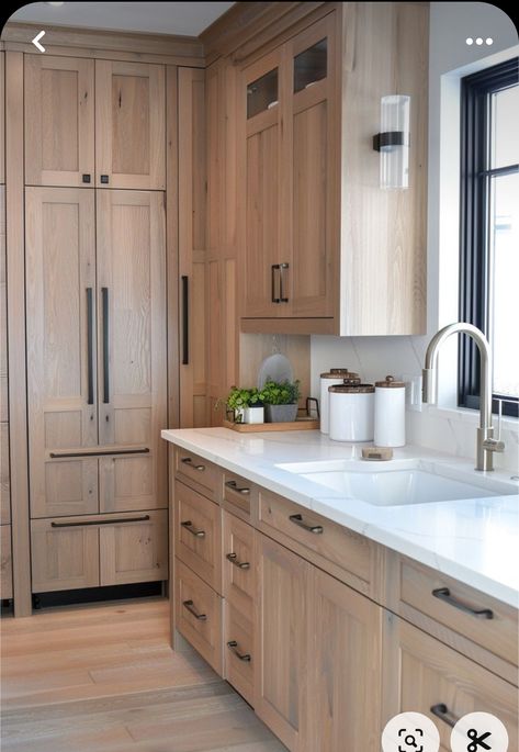 White Oak Trim Interior, White Oak And Greige Kitchen, White Countertops Kitchen Wood Cabinets, Warm Kitchen Cabinet Colors, Natural Cabinets Kitchen, Blonde Wood Kitchen Cabinets, Kitchen Cabinets Natural Wood, Blonde Wood Kitchen, White Washed Kitchen Cabinets