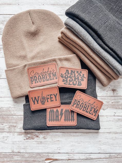 Soft and Cozy Beanies! *Leather patches *Available beanie colors are- black, grey, and khaki MINI Toddler/kids beanies are available only in black! ❤️ *Custom orders can be made, just DM me before purchasing! Cheap Beanie As A Gift, Leather Engraving With Cricut, Beanie Hat Custom, Beanies Cricut, Beanies With Leather Patch, Hat Leather Patch, Leather Glowforge Projects, Beanie Patch Ideas, Laser Engraved Leather Hat Patches