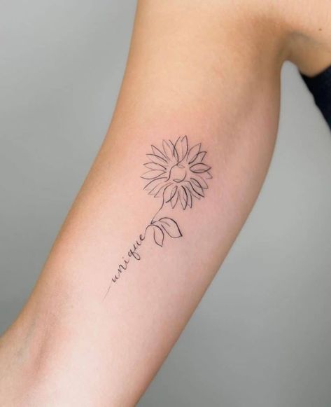 Sunflower With Letter Tattoo, Cute Simple Sunflower Tattoos, Sunflower With Quote Tattoo, Sunflower Date Tattoo, Sunflower Tattoos With Words, Sunflower Tattoo With Words As Stem, Sunflower With Words Tattoo, Sunflower With Name Stem Tattoo, Sunflower Tattoo With Initials