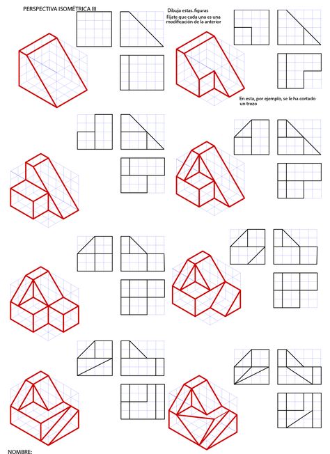 Blog sobre dibujo técnico de bachillerato. Ejercicios. Diédrico. Selectividad. Isometric Sketch, Isometric Drawing Exercises, Autocad Isometric Drawing, Orthographic Drawing, Geometric Shapes Drawing, Interesting Drawings, Isometric Drawing, Perspective Drawing Lessons, Drawing Examples