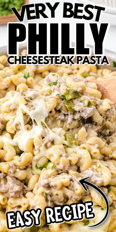 This Philly cheesesteak pasta recipe is loaded with beef and cheese and flavor. It’s ready to be your new family favorite! Philly Cheesesteak Hamburger Helper, Philly Cheesesteak Pasta Skillet, Philly Pasta, Philly Cheese Steak Pasta, Best Creamy Pasta, Dinner Ides, Philly Cheesesteak Pasta, Best Philly Cheesesteak, Cheesesteak Pasta