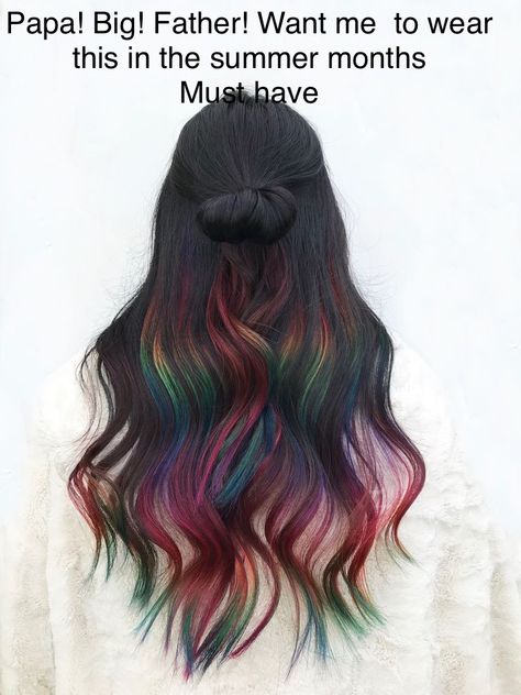 Dark Hair With Rainbow Highlights, Rainbow Black Hair, Tip Dyed Hair For Brunettes, Black Hair With Rainbow, Rainbow Streaks In Hair, Black Rainbow Hair, Dyed Tips Hair Brunettes, Colored Ends Of Hair, Dyed Ends Of Hair Brunettes