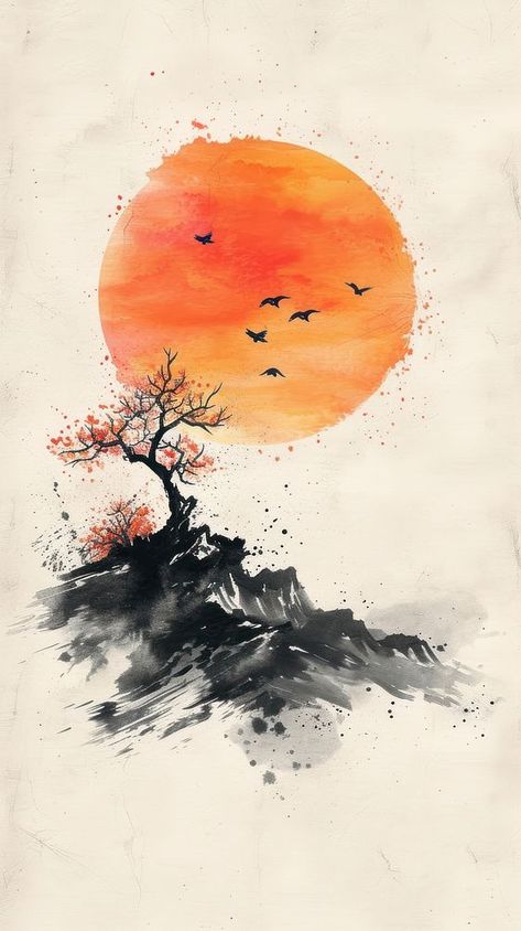 Ink painting minimal of sunset outdoors nature tree. | free image by rawpixel.com / Ing Asian Art Painting, Asian Painting Ideas, Asian Art Style, Zen Art Paintings, Color Markers Art, Painting Minimal, Chinese Ink Painting, Chinese Picture, Japanese Ink Painting