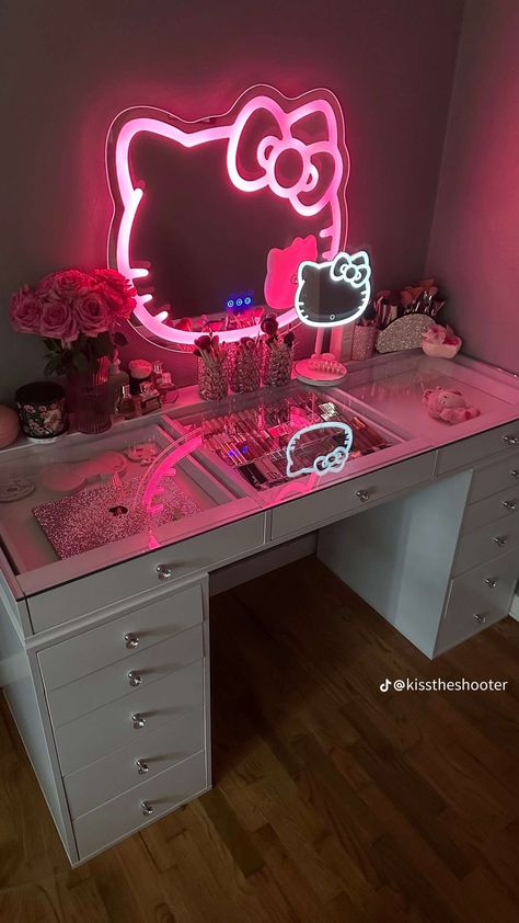 Cute Vanity Mirror, Hello Kitty Vanity, Vanity Hello Kitty, Vanity Mirror With Led Lights, Bedroom Led Lights, Neon Mirror, Cute Vanity, Hello Kitty Mirror, Hello Kitty Room Decor