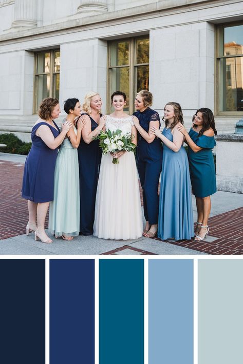 Cinderella Blue Wedding Color Schemes, Same Color Different Shade Bridesmaids, Shades Of Blue Wedding Bridesmaid Dress, Blue Color Palette Bridesmaid Dresses, Shades Of Blue Bridesmaid Dresses Color Schemes, Bridesmaids Shades Of Blue, Shades Of Blue Wedding Colour Palettes, Different Shades Of Blue Bridesmaids, Bridesmaid Dresses Blue Shades