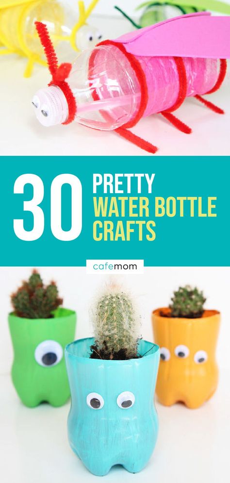 30 Pretty Water Bottle Crafts: These water bottle crafts are perfect to make with your kids. Upcycle disposable water bottles into cool and easy DIY crafts children of all ages will enjoy making. Upcycle Plastic Water Bottles, Water Bottle Recycling Ideas, How To Reuse Water Bottles, Water Bottle Upcycle, Water Bottle Flowers How To Make, Water Bottle Upcycle Ideas, Recycled Water Bottle Art, Recycled Crafts Toddlers, Crafts Out Of Plastic Bottles