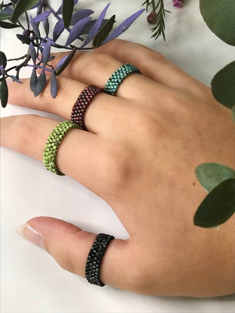 Handmade item -material : delicate and best miyuki beads -Size can be choose in any size  -width: 6 mm (0.2)   feel free to check our instagram page: Instagram: @tinyyislands Thanks for visiting✨ Seed Bead Rings, Miyuki Ring, Miyuki Bead, Bond Paper Design, Rings Green, Bead Rings, Beaded Earrings Native, Page Instagram, Loom Bracelet Patterns