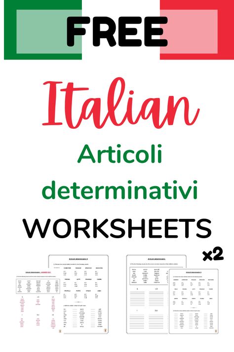 Practice Italian definite articles (articoli determinativi) free with these printable grammar worksheets! -- 3 grammar exercises in Italian -- Full answer key included -- Great for the Italian classroom or for independent learning at home! -- #happymaplelanguageco #learnitalian #italianteacher #itailan #italianlanguage #italiangrammar #freebies #teacher #education #languageteacher Italian Articles Grammar, Italian Worksheets For Beginners, Beginner Italian Worksheets, Italian Grammar Worksheets, Italian Worksheets Printables, Italian Language Learning Worksheets, Italian Lessons For Beginners, Italian Language Learning Basic, Italian Exercises