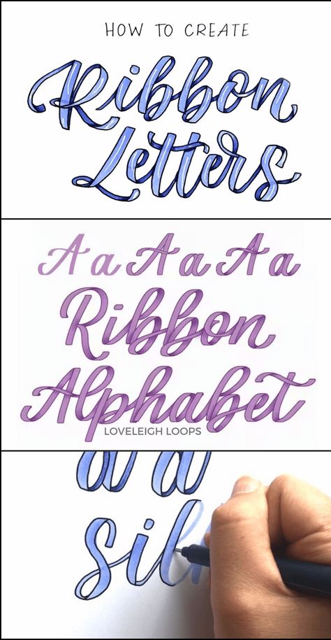 Learn the art of ribbon lettering with this lettering tutorial from Loveleigh Loops! Here you'll find a ribbon lettering tutorial shat shows you how to do the letters of the alphabet. Click to see a step-by-step guide on how to do ribbon lettering that lets you turn your own hand lettering into something truly spectacular. Follow Loveleigh Loops for more lettering tutorials and calligraphy guides! Lettering Tutorial Alphabet, Ribbon Lettering, Hand Lettering Alphabet Fonts, Font Love, Alfabet Font, Hand Lettering For Beginners, Lettering Styles Alphabet, Hand Lettering Styles, Lettering Guide