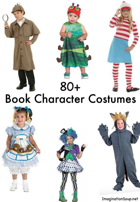 huge list of book character costumes kids for children Cute World Book Day Costumes, Book O Ween Costumes, Best Storybook Character Costumes, Disney Book Character Costumes, Famous Book Characters Costumes, Book Character Duo Costumes, Book Character Outfit Ideas, Dress Like Your Favorite Book Character For Teachers, Book Character Dress Up Ideas For Kids