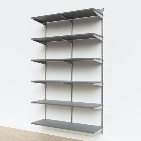 Elfa 4' White Melamine Basic Shelving Units for Anywhere | The Container Store Elfa Drawers, Basement Storage Organization, Melamine Shelving, Shallow Pantry, Inventory Storage, Elfa Shelving, Theater Rooms, Shop Shelving, Grey Shelves