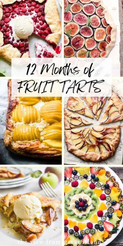 A Year of Fruit Tarts ~ 12 gorgeous recipes ~ there's a fresh fruit dessert for every month of the year. #tart #fruittart #nobake #glutenfree #dessert #apple #rhubarb #kiwi #fruit #vegan #healthy #nobake #plum #applerose #fig #pear #citrus #recipe #easy #winter #crust #rustic #custard #filling #fresh German Fruit Tart, Fruit Tart Glaze Recipe, Italian Fruit Tart, Thanksgiving Fruit Tart, Winter Fruit Tart, Winter Tarts Dessert, Fall Tarts Desserts, Fruit Tarts Recipe Dessert, Fall Tart Recipes