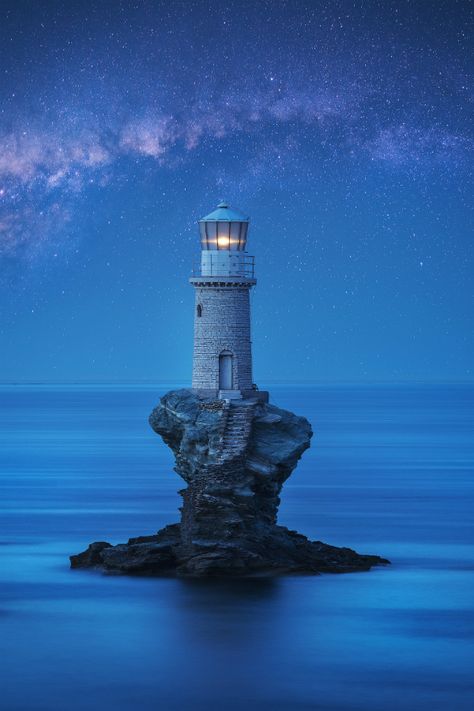 Greece, The Ocean, Cyclades Islands, Light House, Night Sky, In The Middle, Statue Of Liberty, The Middle, Lighthouse