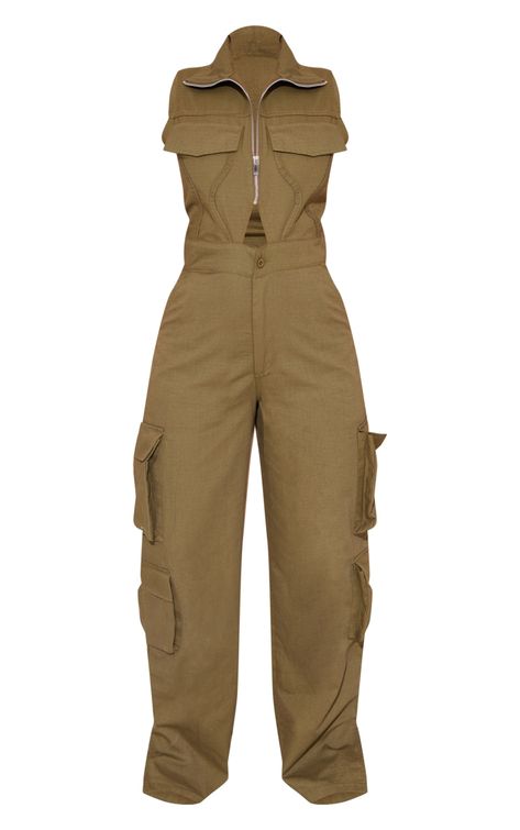 Khaki High Neck Binding Detail Cut Out Cargo Jumpsuit | PrettyLittleThing USA Casual Jumpsuits For Women, Cargo Jumpsuit, Classic Corvette, Casual Jumpsuit, Cut Out Design, Vintage Streetwear, Playsuit Jumpsuit, On Shoes, Slip On Shoes