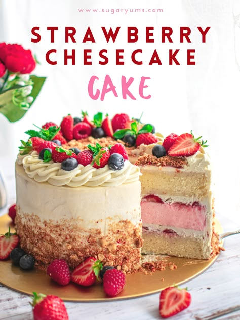 2 in 1 strawberry cheesecake cake made with a moist vanilla cake, no-bake strawberry cheesecake, cream cheese frosting and crunchy crumbles. Strawberry Cheesecake Cake, Cheesecake Cream Cheese, Cheesecake Cream, Cheesecake Cake Recipes, Strawberry Shortcake Cheesecake, One Strawberry, Moist Vanilla Cake, Cake With Cream Cheese Frosting, Cake Cheesecake