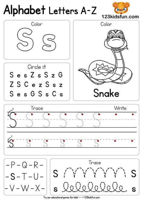 S Worksheet, Fun Apps, Letter Worksheets For Preschool, Alphabet Writing Practice, خريطة ذهنية, Printable Alphabet Worksheets, Abc Worksheets, Alphabet Worksheets Kindergarten, Kids Worksheets Preschool