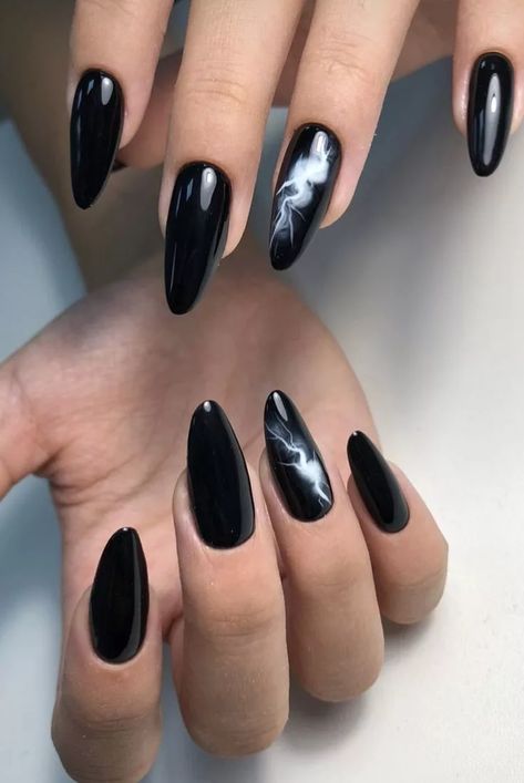 Top 28 Black Almond Nail Designs 2024: Elegance Meets Edgy Art Black Almond Nail Designs, Flash Nails, Almond Nail Designs, Edgy Art, Black Almond Nails, August Nails, Natural Nail Designs, Romantic Nails, Gothic Nails