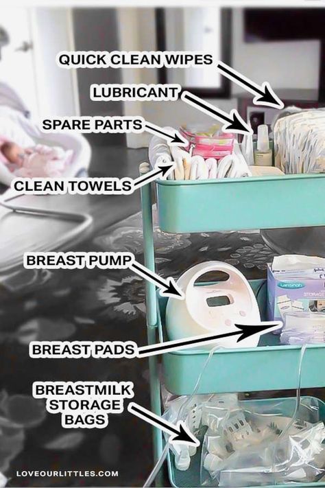 Bedside Pumping Station, Pumping Station Cart, Pumping Set Up, Pump Storage Ideas, Pumping Station Organization, Nursery Set Up In Parents Room, Pumping Cart Ideas, Breast Pump Storage Ideas, Breastpump Station Ideas