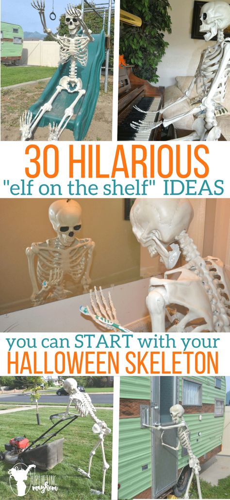 30 Hilarious "elf on the shelf" IDEAS you can start with your Halloween Skeleton - How cool is this?! Humour, Strašidelný Halloween, Uhyggelig Halloween, Halloween Outside, Fairy Halloween Costumes, Party Playlist, Halloween Yard Decorations, Scary Halloween Decorations, Halloween Party Supplies