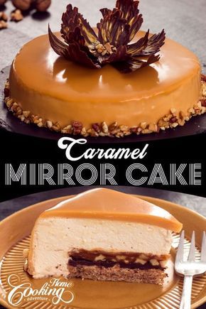 Gourmet Dessert Ideas, Professional Desserts Recipes, Caramel Mirror Glaze, Make Mirror, Cake Mirror, Mirror Glaze Recipe, Cake Glaze, Entremet Recipe, Walnut Caramel