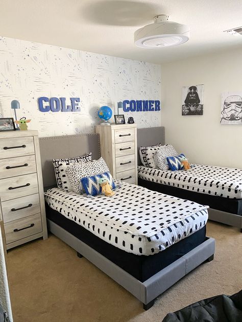 Room Ideas For Brothers, Brothers Shared Room Ideas, Twin Beds In Small Room Shared Bedrooms, 2 Boy Room Ideas, Twin Boy Room Ideas Toddler, Two Twin Beds In One Room Boys, Twin Boy Toddler Room, Boys Sharing Room Ideas, Boys Room With Twin Beds