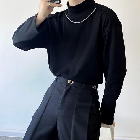 100% Polyester High neck Long Sleeve Dropped Shoulder Shoulder panels Neck chain detail Korean Men Turtle Neck Outfits, Turtle Neck Outfit Men, Turtle Neck Outfits, Turtleneck Outfit Men, Black Shirt Outfit Men, Black Turtleneck Outfit, Halter Tops Outfit, Turtleneck Outfits, Streets Of Seoul