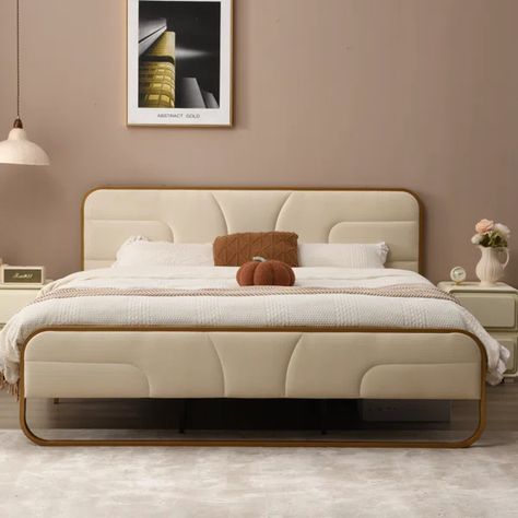 Nelsie Upholstered Platform Bed with Velvet Tufted Headboard Velvet Tufted Headboard, Luxury Bed Frame, Gold Bed Frame, Big Headboard, Modern Luxury Bed, Luxury Bed Frames, Tufted Upholstered Headboard, Gold Bed, Queen Size Platform Bed